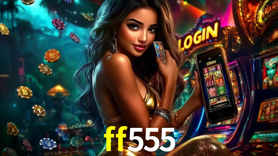 Mulher em um cenário de cassino temático de aventura, mostrando o app de caça-níqueis da ff555 no celular. Fichas de apostas flutuam ao redor.